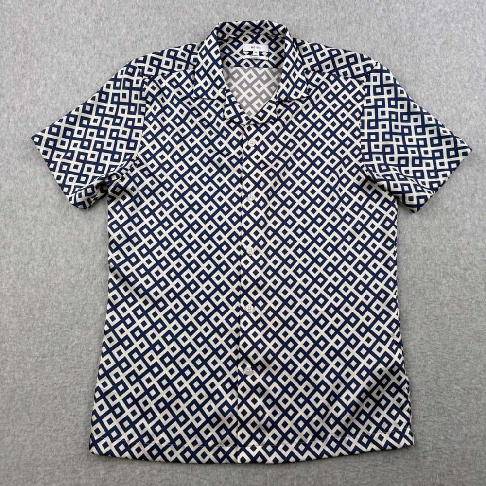 Reiss Shirt Mens Medium Blue Valencia Geometric Button Up Short Sleeve Regular